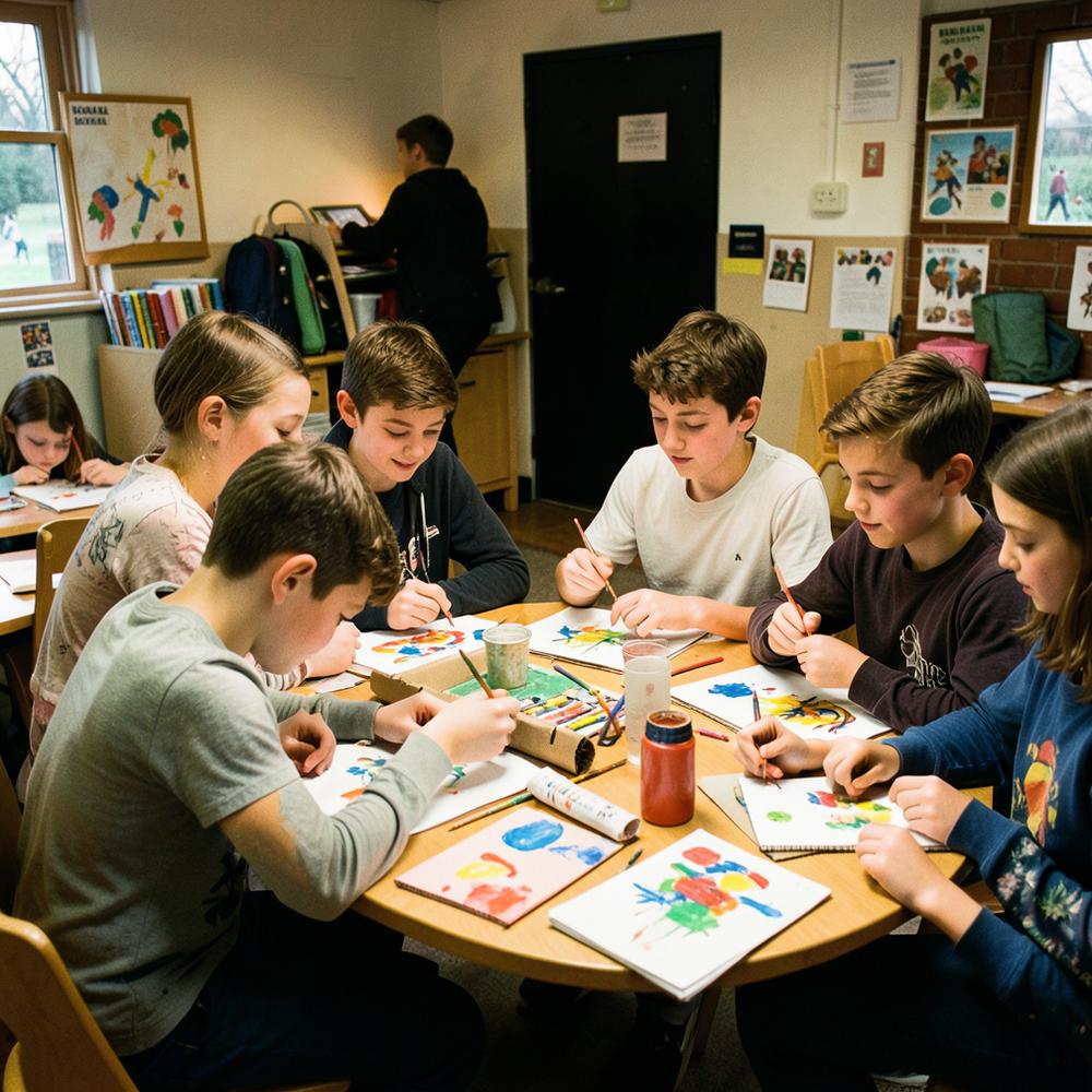 Young people painting and making at the craft tables