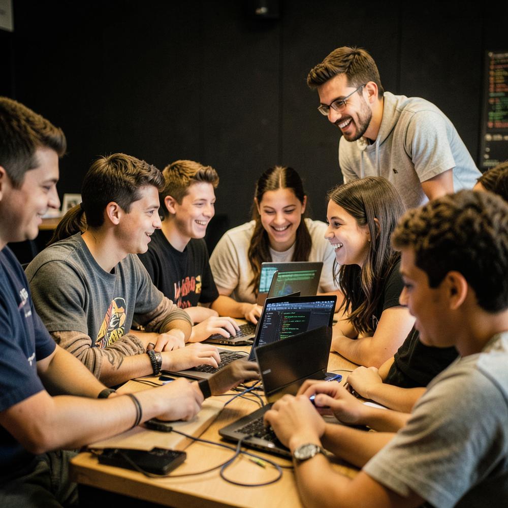 Teenagers working on laptops at a coding workshop with a mentor