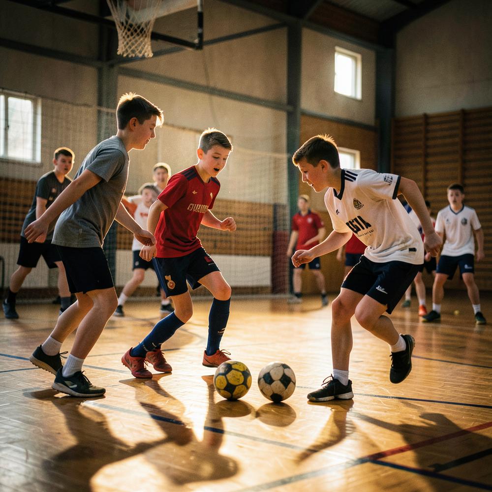 Indoor five-a-side football in the community centre sports hall